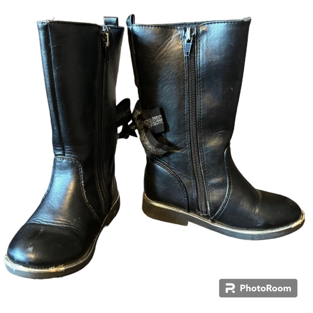 Olive and Edie girl's Tasha Faux Leather black tall‎ boots bow sz 9M
